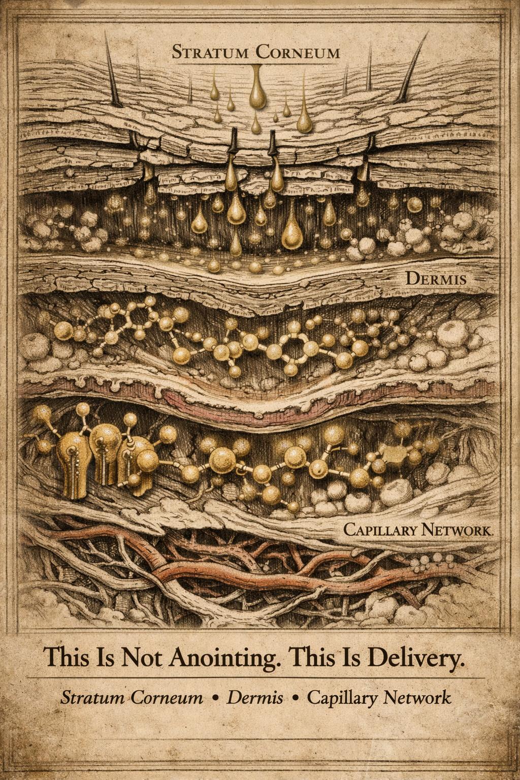 This Is Not Anointing. This Is Delivery. — Stratum Corneum · Dermis · Capillary Network