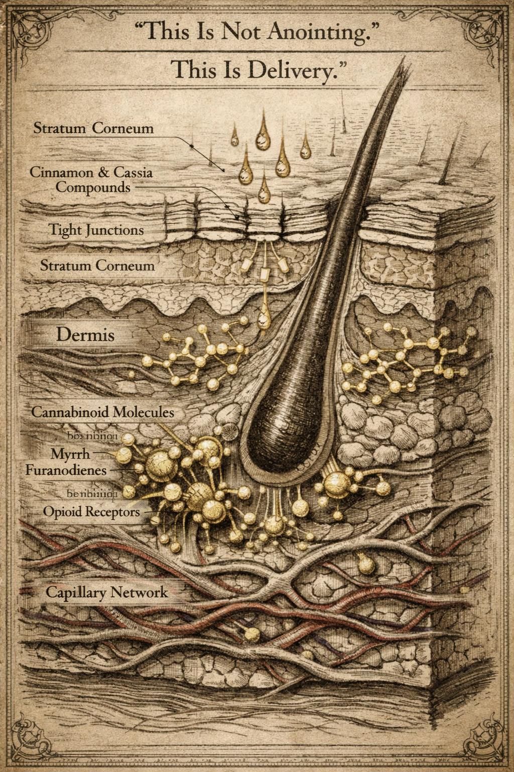 Transdermal delivery — Cinnamon & Cassia · Cannabinoid Molecules · Myrrh Furanodienes · Opioid Receptors