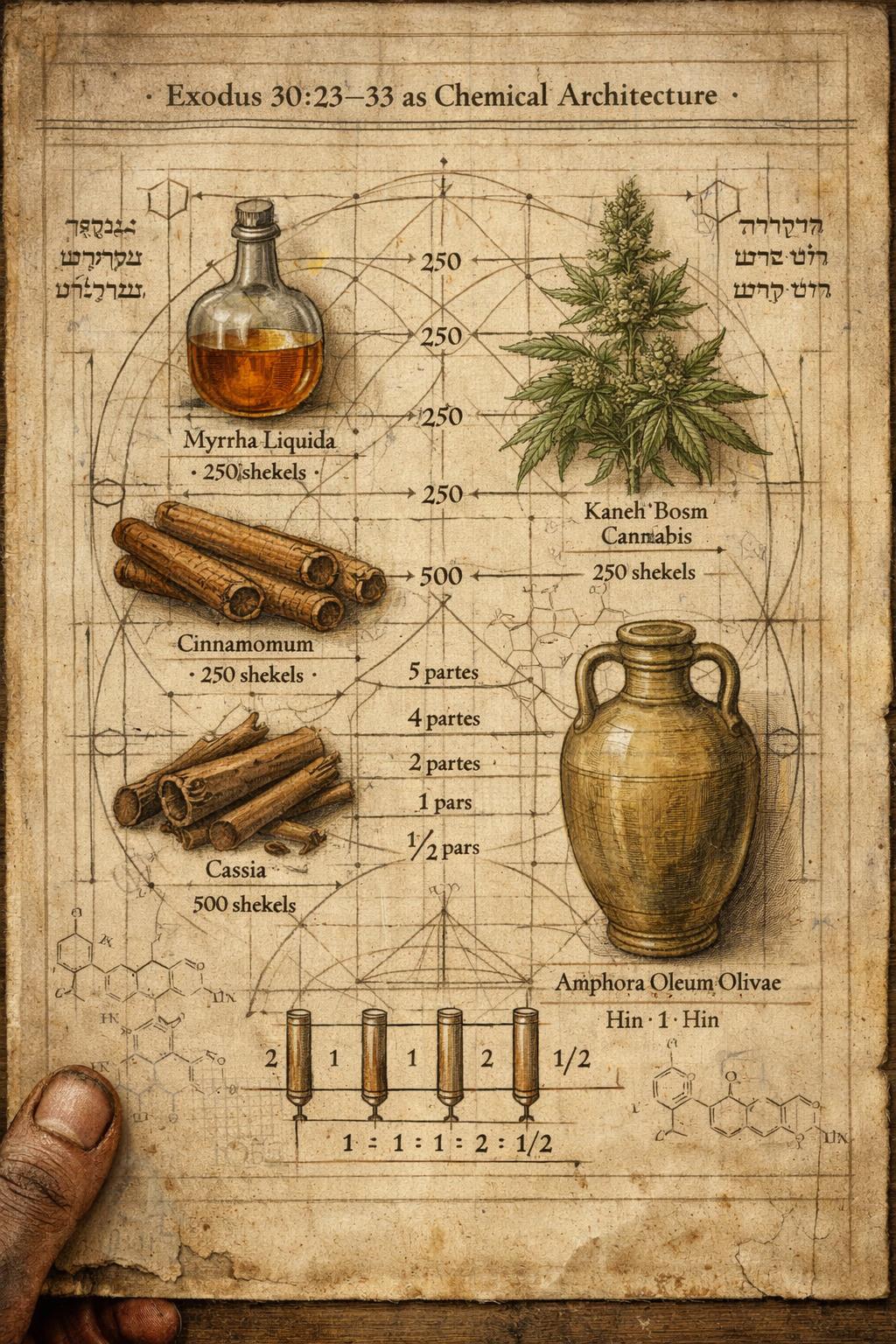 Exodus 30:23–33 as Chemical Architecture — Myrrha Liquida · Kaneh Bosm Cannabis · Cinnamomum · Cassia · Oleum Olivae