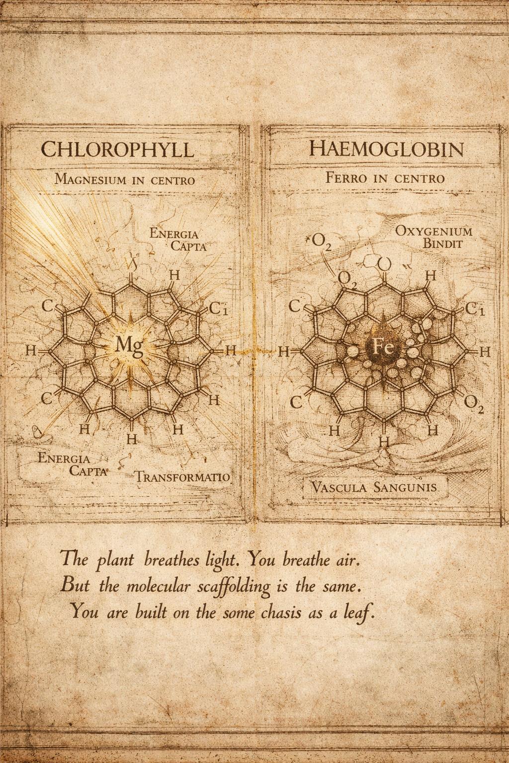Chlorophyll vs Haemoglobin — Magnesium in centro · Ferro in centro · Same molecular scaffold