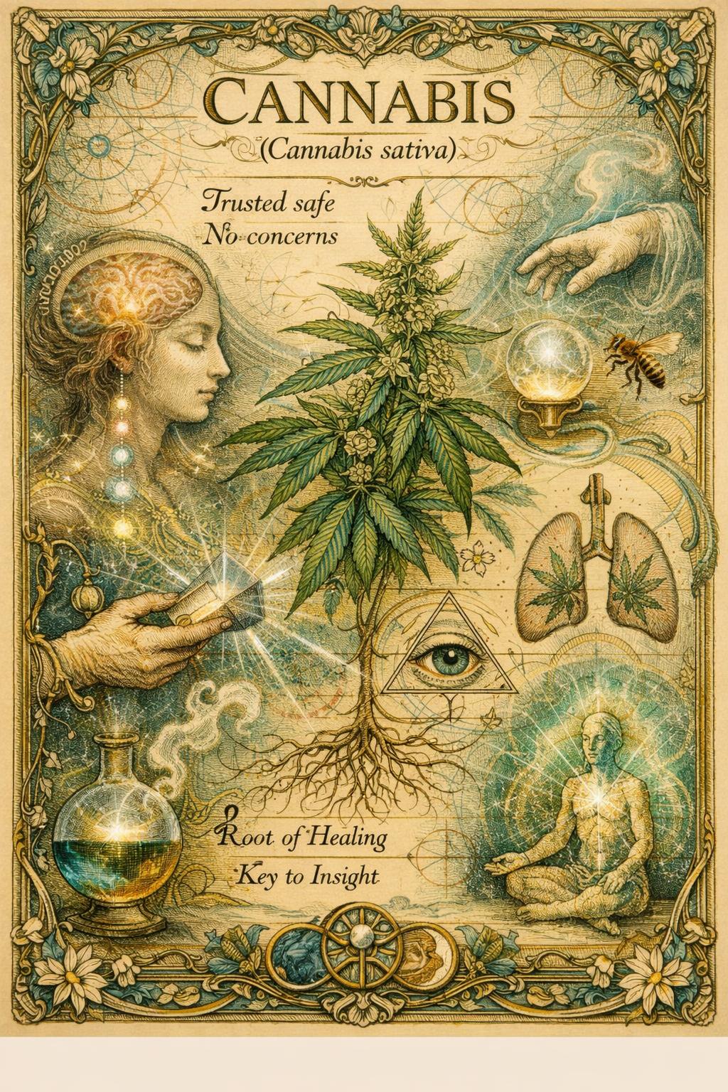 Cannabis sativa — Root of Healing · Key to Insight · Trusted safe · No concerns